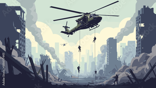 Low Poly Special forces rappelling from helicopter into destroyed city during military operation