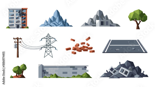 Low Poly Collection of low-poly disaster and destruction elements for graphic design