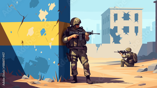 Low Poly Soldiers in tactical gear taking cover behind a wall with Ukrainian flag colors