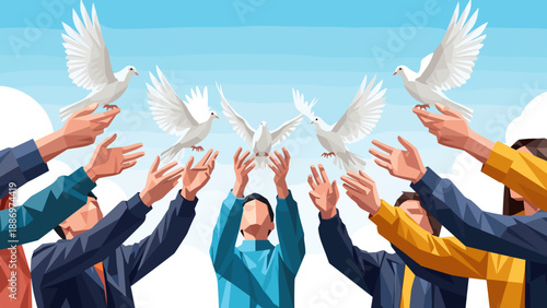 Low Poly Diverse hands releasing white doves into a bright blue sky, symbolizing hope and freedom