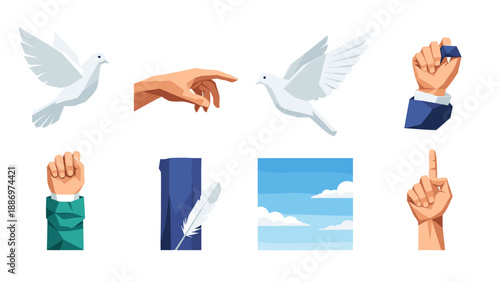 Low Poly Collection of symbols representing peace, creation, communication, and unity