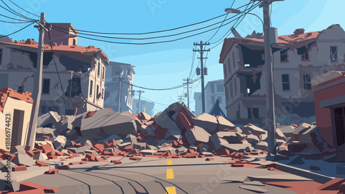 Low Poly Stylized illustration of a city street devastated by an earthquake with rubble and damaged buildings