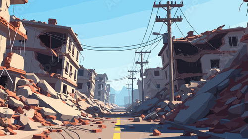 Low Poly Street view of a city destroyed by an earthquake, with rubble and damaged buildings