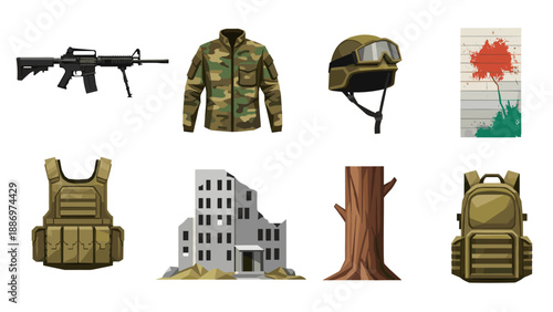 Low Poly Military equipment and war-torn environment elements collection