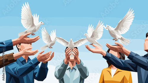 Low Poly People releasing white doves into the sky, symbolizing hope and freedom