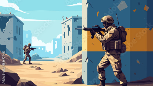 Low Poly Soldier in tactical gear aims rifle in war-torn urban environment with destroyed buildings
