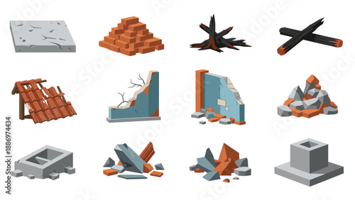 Low Poly Collection of isometric cartoon debris and destruction elements for game design
