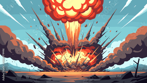 Low Poly Massive explosion erupts with fiery mushroom cloud and debris scattering across the sky