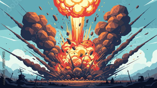 Low Poly Dramatic explosion erupts with fiery blast and debris scattering across the sky