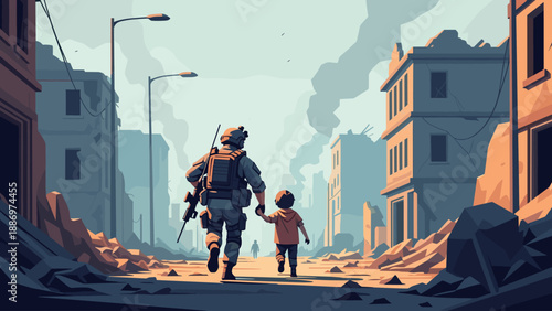 Low Poly Soldier leads child through war-torn city streets with destroyed buildings and smoke in background