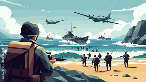 Low Poly Soldiers storming a beach with planes overhead and ships in the water