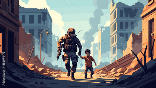 Low Poly Soldier leads child through war-torn city ruins with smoke in the background