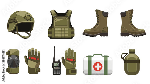 Low Poly Military tactical gear and equipment set for soldier protection and survival