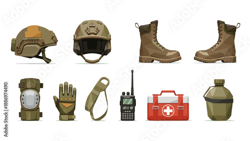 Low Poly Military tactical gear set including helmet, boots, gloves, radio, first aid kit, and canteen