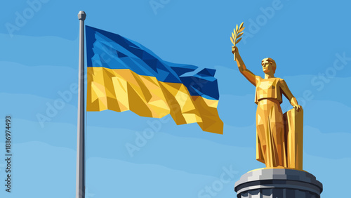 Low Poly Ukrainian flag waves proudly next to Motherland Monument statue in Kyiv