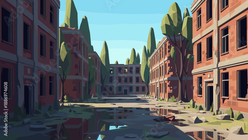 Low Poly Stylized illustration of a desolate street lined with abandoned brick apartment buildings