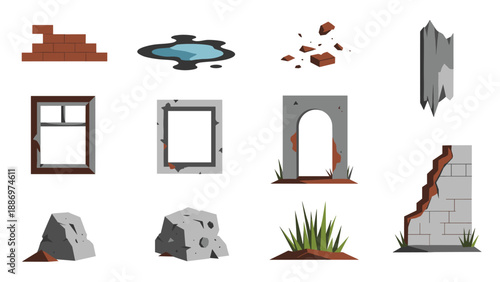 Low Poly Collection of damaged building elements and natural debris on a white background