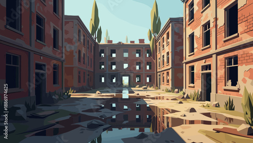 Low Poly Abandoned brick buildings with broken windows and puddles reflecting the sky