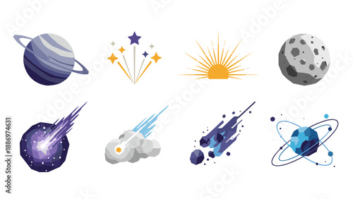 Low Poly Collection of stylized celestial bodies and cosmic phenomena in a flat design