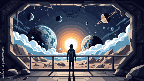 Low Poly Astronaut gazes at alien planets and a bright sun from a futuristic space station