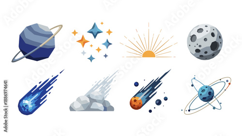 Low Poly Collection of stylized celestial bodies and cosmic phenomena in flat design