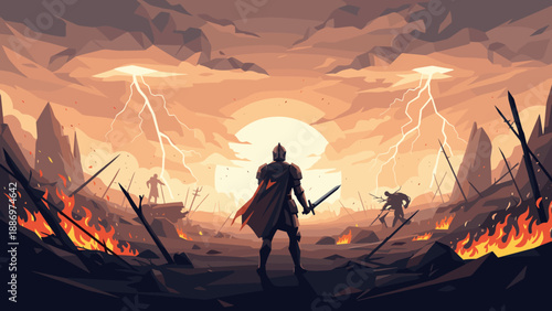 Low Poly Epic fantasy warrior standing on battlefield with lightning strikes and fire