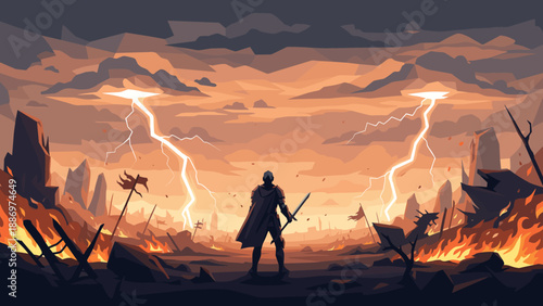 Low Poly Lone warrior stands amidst a fiery battlefield under a stormy, lightning-filled sky