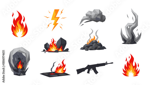 Low Poly Collection of stylized fire, smoke, lightning, and weapon icons in a low-poly art style