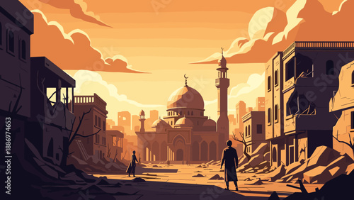 Low Poly Ruined city street with mosque and people at sunset, symbolizing destruction and hope