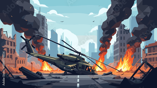 Low Poly Helicopter crashes in a city destroyed by war, with buildings burning and smoke rising