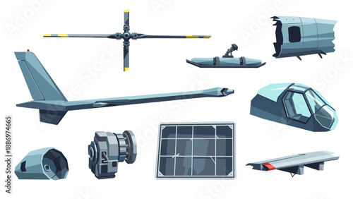 Low Poly Collection of helicopter and aircraft parts, isolated on white background