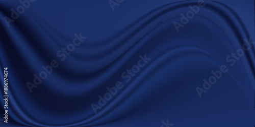 Navy blue silk satin. Silky shiny fabric. Dark luxury background with space for design. Banner. Wide. Long. Panoramic. Template. Empty. Flat lay, top view table. Beautiful.Elegant.Birthday,Christmas.