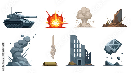 Low Poly Collection of cartoon-style war and explosion elements, including a tank and destroyed building