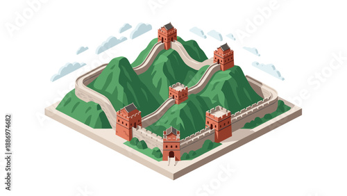 Low Poly Isometric illustration of the Great Wall of China winding through green mountains with watchtowers