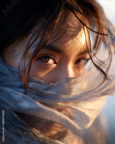 oung Adult Asian Woman Beauty Portrait with Windblown Scarf - Golden Hour Cinematic Close Up