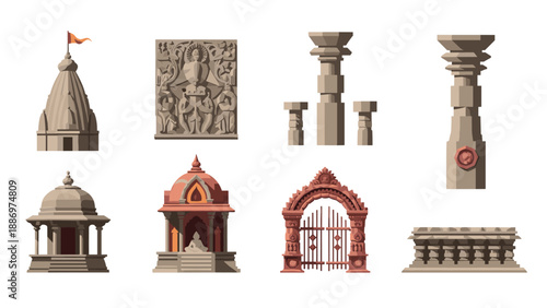 Low Poly Collection of Indian architectural elements and ancient stone carvings