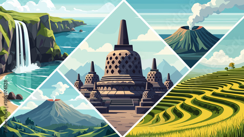 Low Poly Collage of Indonesian landmarks: waterfall, volcano, rice terraces, and Borobudur temple