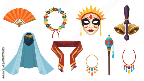 Low Poly Collection of cultural and festive accessories, including a fan, mask, and jewelry