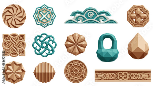 Low Poly Collection of decorative geometric patterns and shapes in wood and teal colors