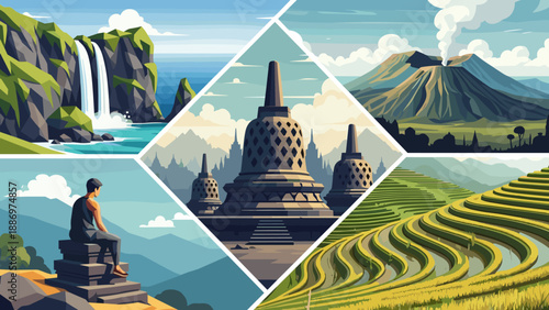 Low Poly Collage of Indonesian landmarks: waterfall, temple, volcano, rice terraces, and a man contemplating
