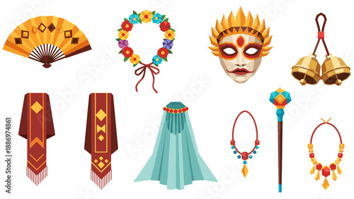 Low Poly Collection of decorative cultural festival and celebration accessories