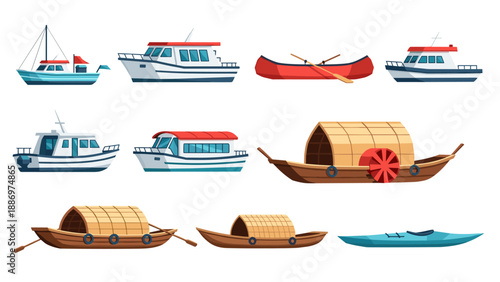Low Poly Collection of various boats and watercraft illustrations on a white background
