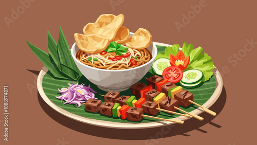 Low Poly Delicious Southeast Asian Noodle Dish with Grilled Skewers and Crispy Crackers