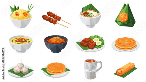 Low Poly Collection of diverse Asian dishes and drinks in a modern geometric illustration style