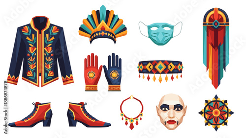 Low Poly Collection of colorful, stylized costumes and accessories for performance or festival