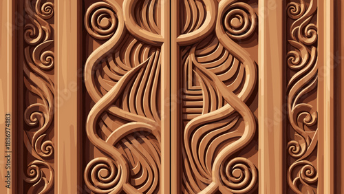 Low Poly Intricate wooden door with ornate carvings and swirling decorative patterns