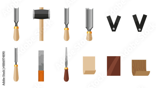 Low Poly Collection of carpentry tools and wood samples for woodworking and crafting projects