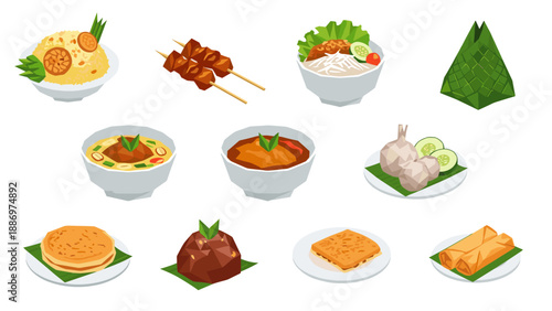 Low Poly Collection of delicious Indonesian food dishes in isometric illustration style