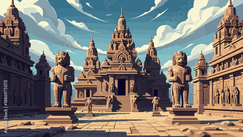 Low Poly Ancient stone temple complex with guardian statues under a cloudy sky