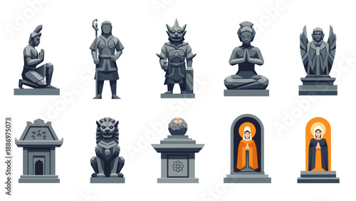 Low Poly Collection of diverse stone statues and sculptures in a flat design style